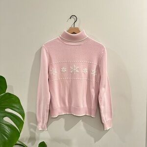 VTG SONOMA PINK KNITTED EMBROIDERED SNOW FLAKES TURTLENECK COTTON SWEATER SIZE L